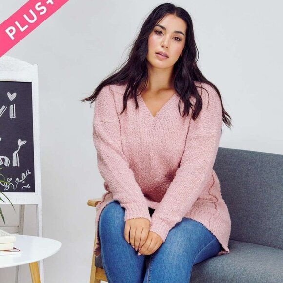 Davi & Dani Pink V-Neck Hi-Low Hem Knit Sweater - Plus Size Cozy Oversized - Picture 3 of 4